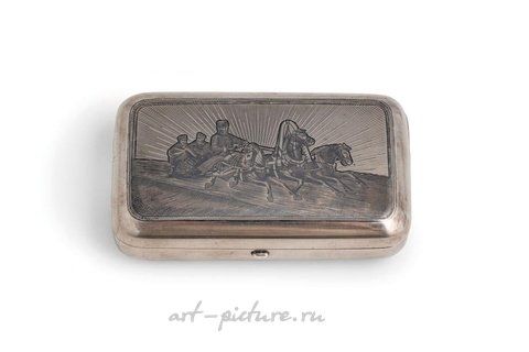 Русское серебро, Серебряная и ниелловая табачная коробка, Москва, 1884 год, ювелир А. Егар...