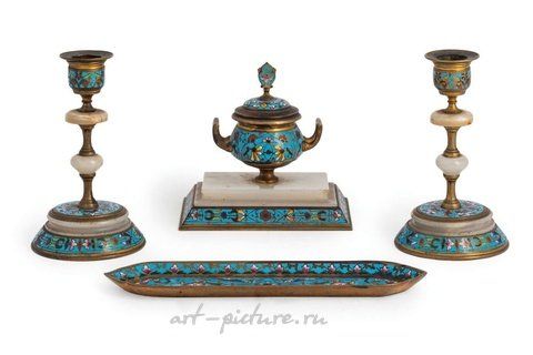 Русское серебро, Набор для письменного стола из металла, эмали, алебастра и перламутра...