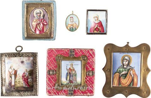Русское серебро, КОЛЛЕКЦИЯ ИЗ ШЕСТИ ЭМАЛЕВЫХ ИКОН (ФИНИФТИ), ИЗОБРАЖАЮЩИХ ЖЕНСКИХ СВЯТЫХ И МУЧЕНИЦ