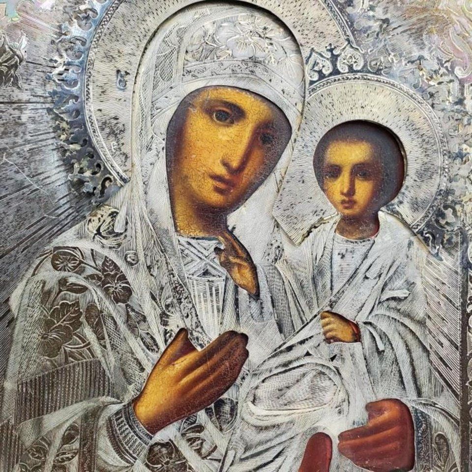 Русское серебро , Антикварная русская серебряная икона XIX века
