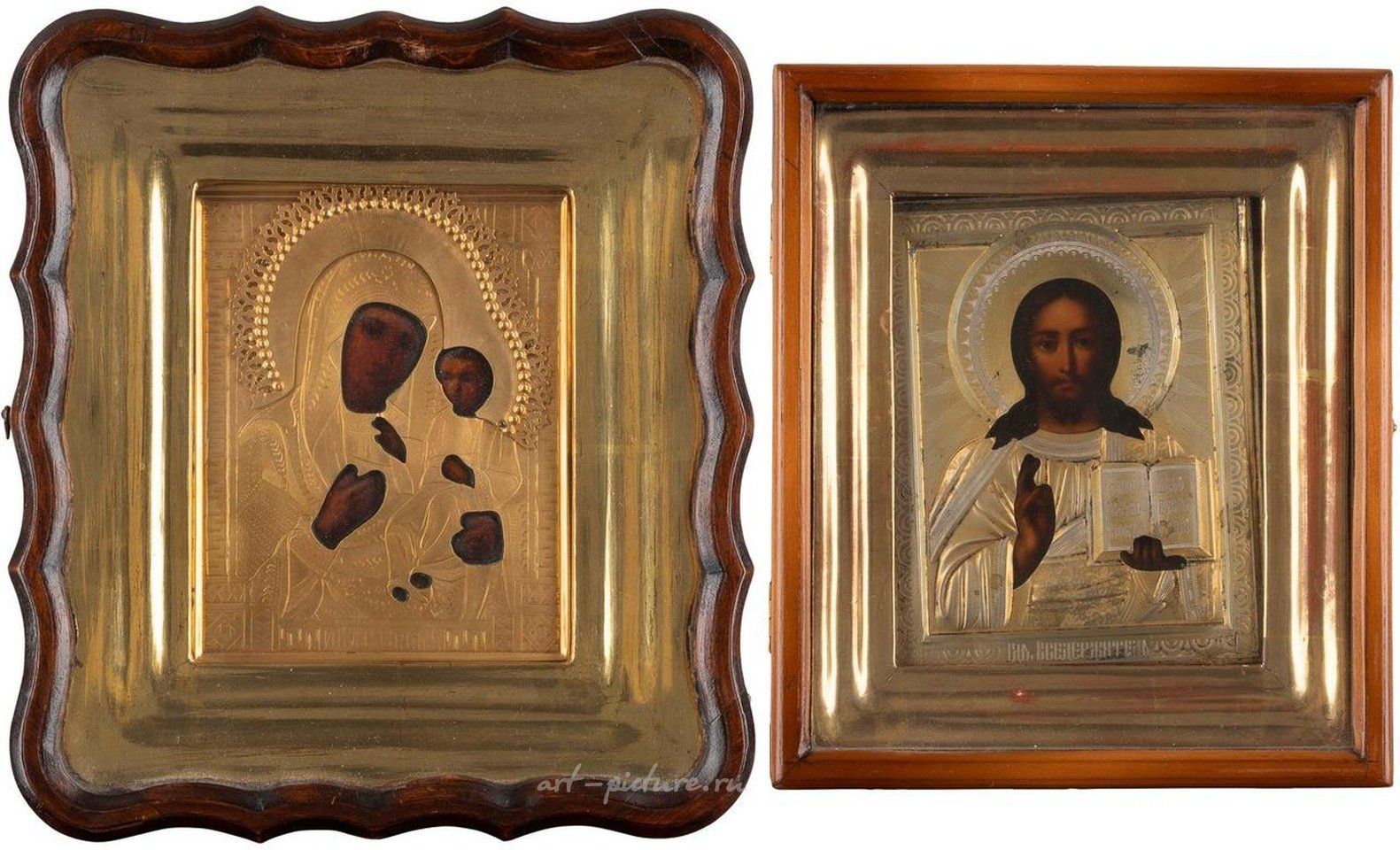 Russian silver , TWO ICONS WITH OKLAD WITHIN KYOT: CHRIST PANTOKRATOR AND THEOTOKOS