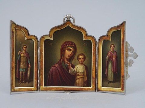 Русское серебро, Русская православная икона в трехстворчатом золоченом серебре, XIX век.