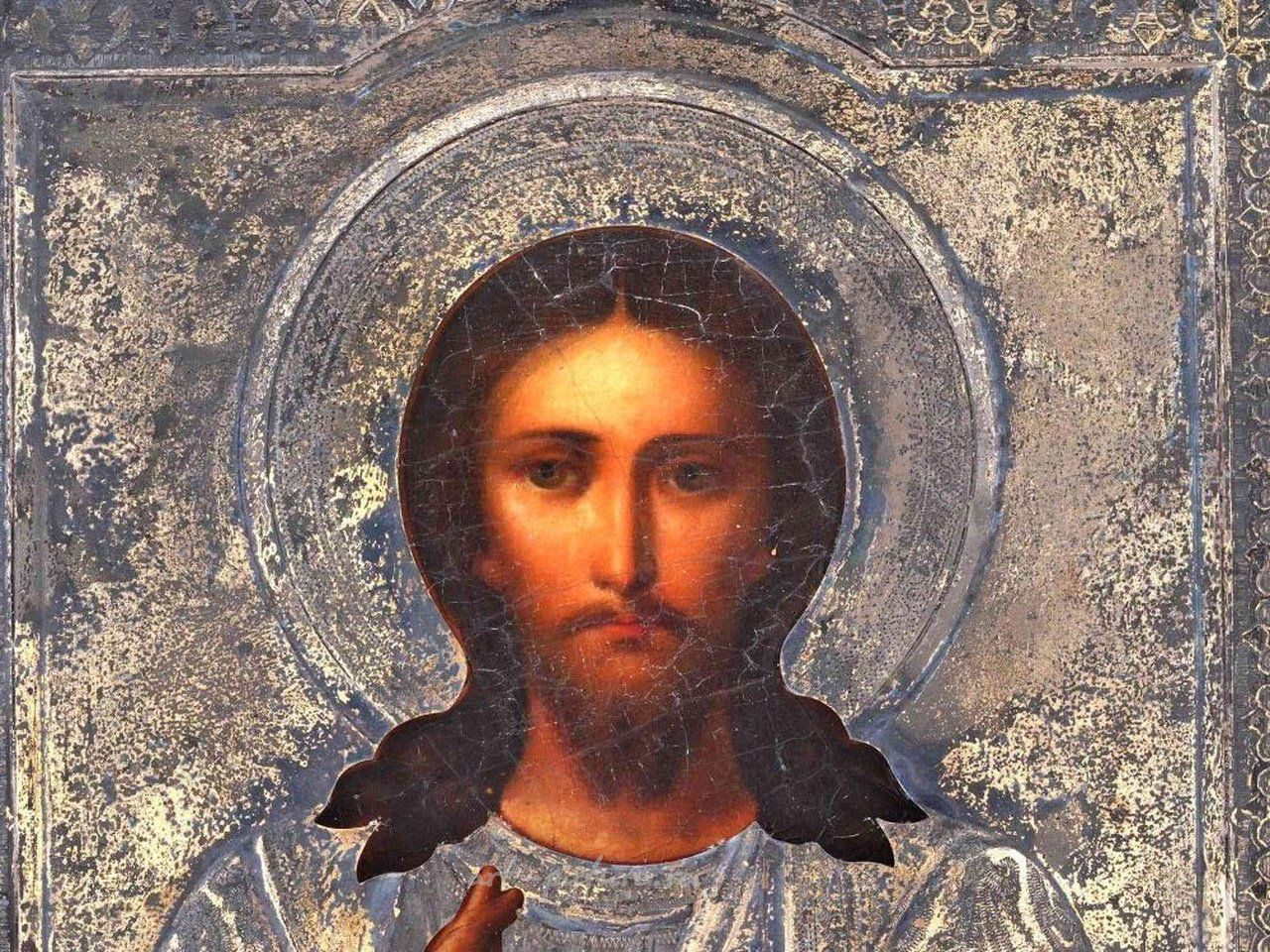 Russian silver , ANTIQUE RUSSIAN ORTHODOX JESUS ICON SILVER OKLAD