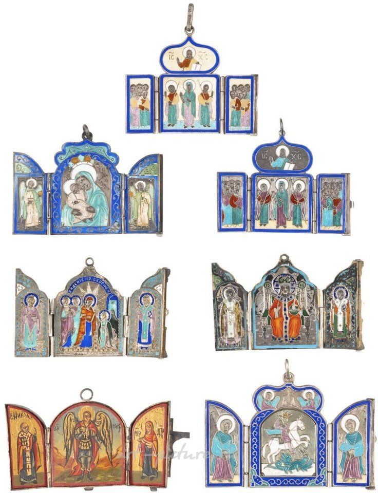 Русское серебро , СЕРЕБРЯНЫЙ И ЭМАЛЕВЫЙ ПОДВЕСНОЙ КРЕСТ И ТРИ ТРИПТИХА