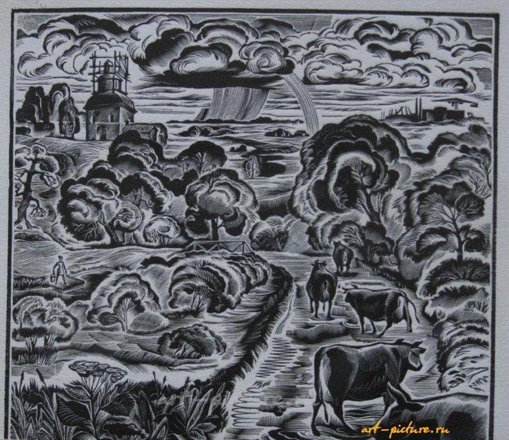 Пейзаж с коровами. Линография. 16 х 17см.
