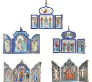 СЕРЕБРЯНЫЙ И ЭМАЛЕВЫЙ ПОДВЕСНОЙ КРЕСТ И ТРИ ТРИПТИХА