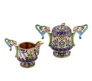 Серебряный креманок и сахарница в стиле Арт Нуво с эмалью клюйзоне...