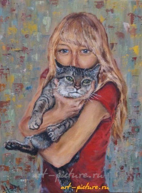 девушка с котом масло, холст
