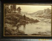 Ловля лосося гравюра на натуральной коже 