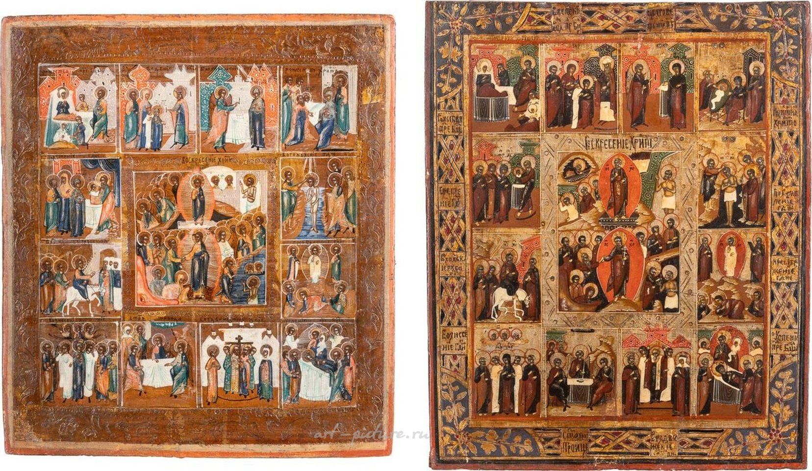Русское серебро , Две иконы праздничного дня. Русские, конец XIX века. Темпера на дереве.