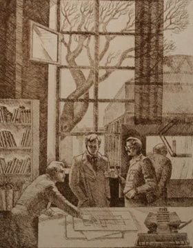 купить Конструкторский отдел. Завод сельхозмашин (из серии). Бумага, сепия. 42 × 29 см.