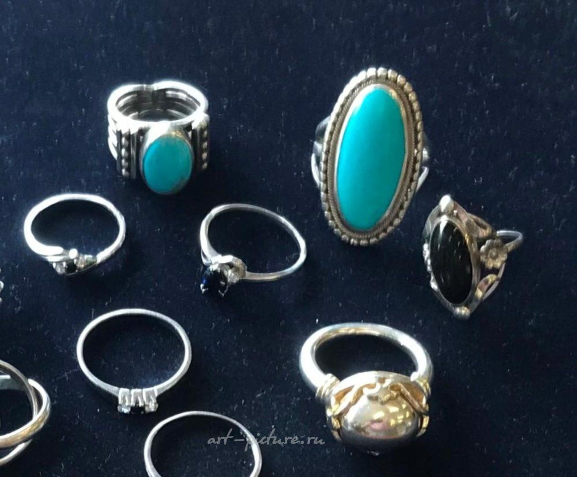 Russian silver , 10 Various Silver Rings. Includes two sapphire and cubic zirconia...