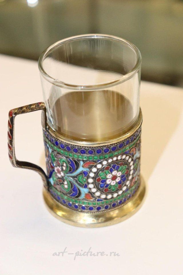 Русское серебро , Императорская русская серебряная эмальрованная подставка для стекла, маркировка DN