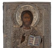Икона, изображающая Христа с серебряной ризой, филигранью и...
