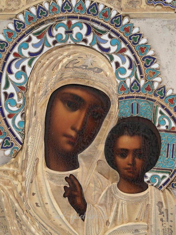 Русское серебро , Антикварная русская православная икона Казанской Богоматери 19 века.
