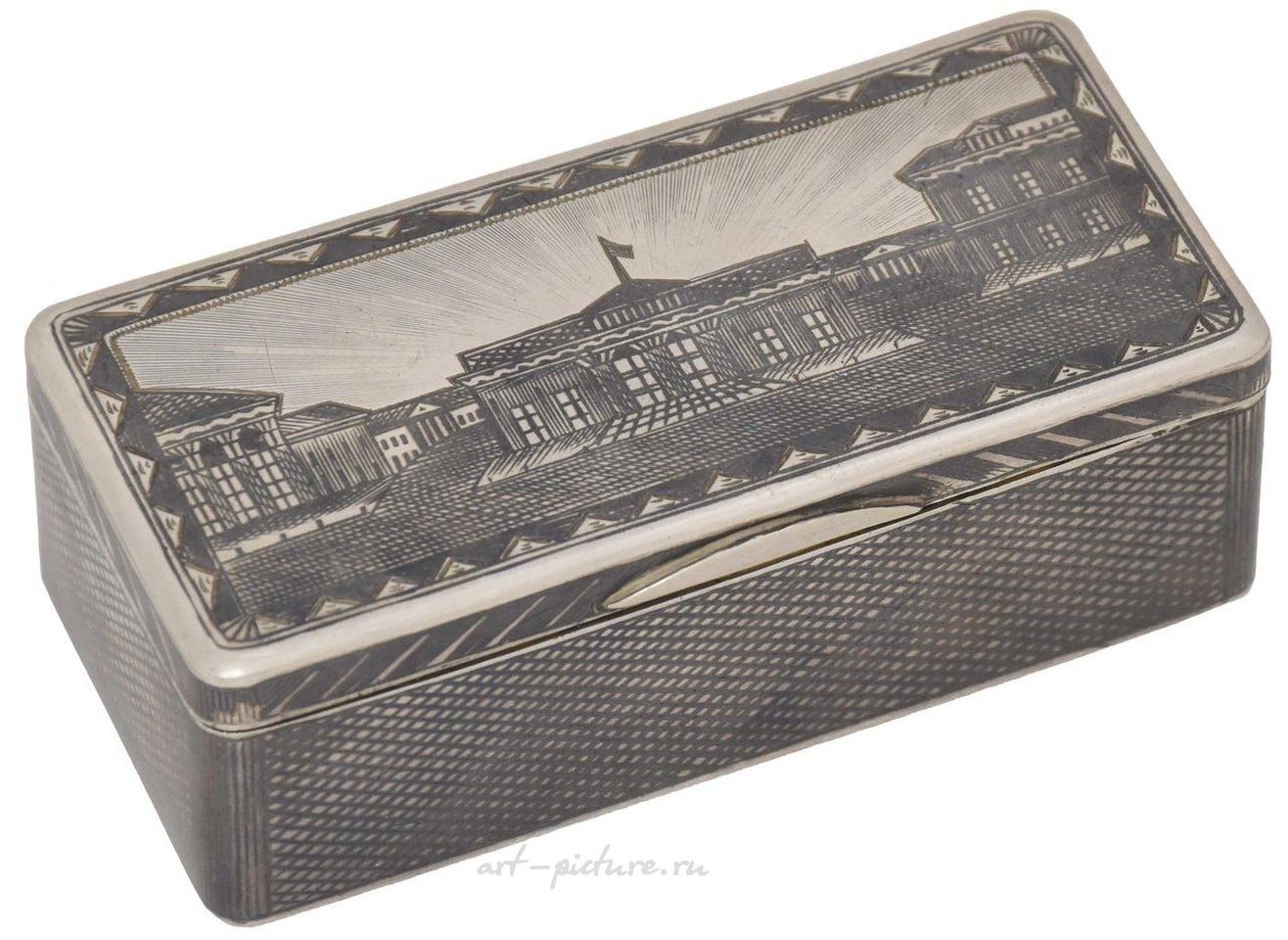 Russian silver , Russian silver snuffbox with a niello architectural landscape...