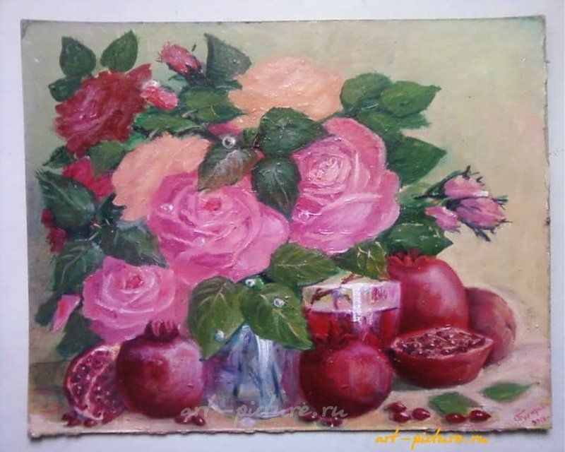 Розы и гранаты масло картон