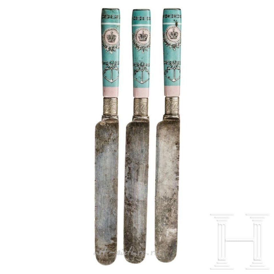 Russian silver , Three knives with porcelain handles from the service of the ...