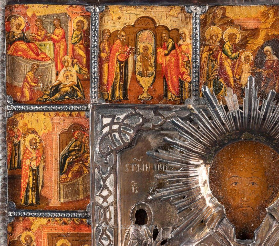 Русское серебро , ОЧЕНЬ ХОРОШАЯ ВИТА-ИКОНА СВЯТОГО НИКОЛАЯ МИРЛИКИЙСКОГО С СЕРЕБРЯНОЙ БАСМОЙ