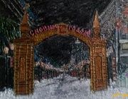 Вечерний Челябинский Арбат.(Ул.Кирова). Авторская техника,проволочный коллаж,проволока,лак,стразы,акрил.краски,бисер,выполненно на  фанере.
