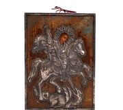 Русская деревянная икона в серебряной ризе "Святой Георгий и Дракон..."