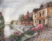 Европейская набережная акварель, линер, бумага 