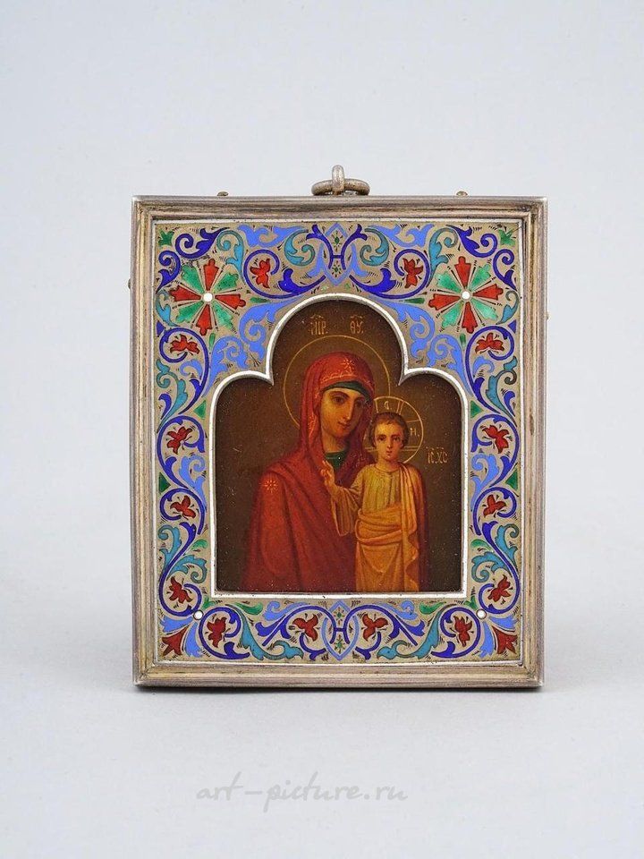 Russian silver , A RUSSIAN ORTHODOX GILT SILVER AND CLOISONNE ENAMEL ICON, 19...