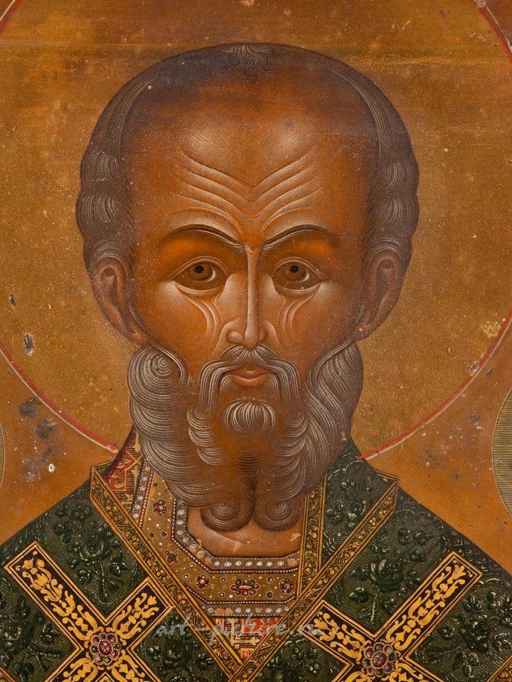 Русское серебро , ОЧЕНЬ БОЛЬШАЯ И КРАСИВАЯ ИКОНА, ИЗОБРАЖАЮЩАЯ СВЯТОГО НИКОЛАЯ МЫРЛИКИЙСКОГО С СЕРЕБРЯНО-ЗОЛОТЫМ РИЗОМ