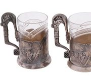 Русская серебряная подставка для стакана с эмалью и стеклянной ложкой