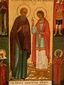 Икона, изящно расписанная, из нескольких частей, изображающая святых Николая и Андрея.