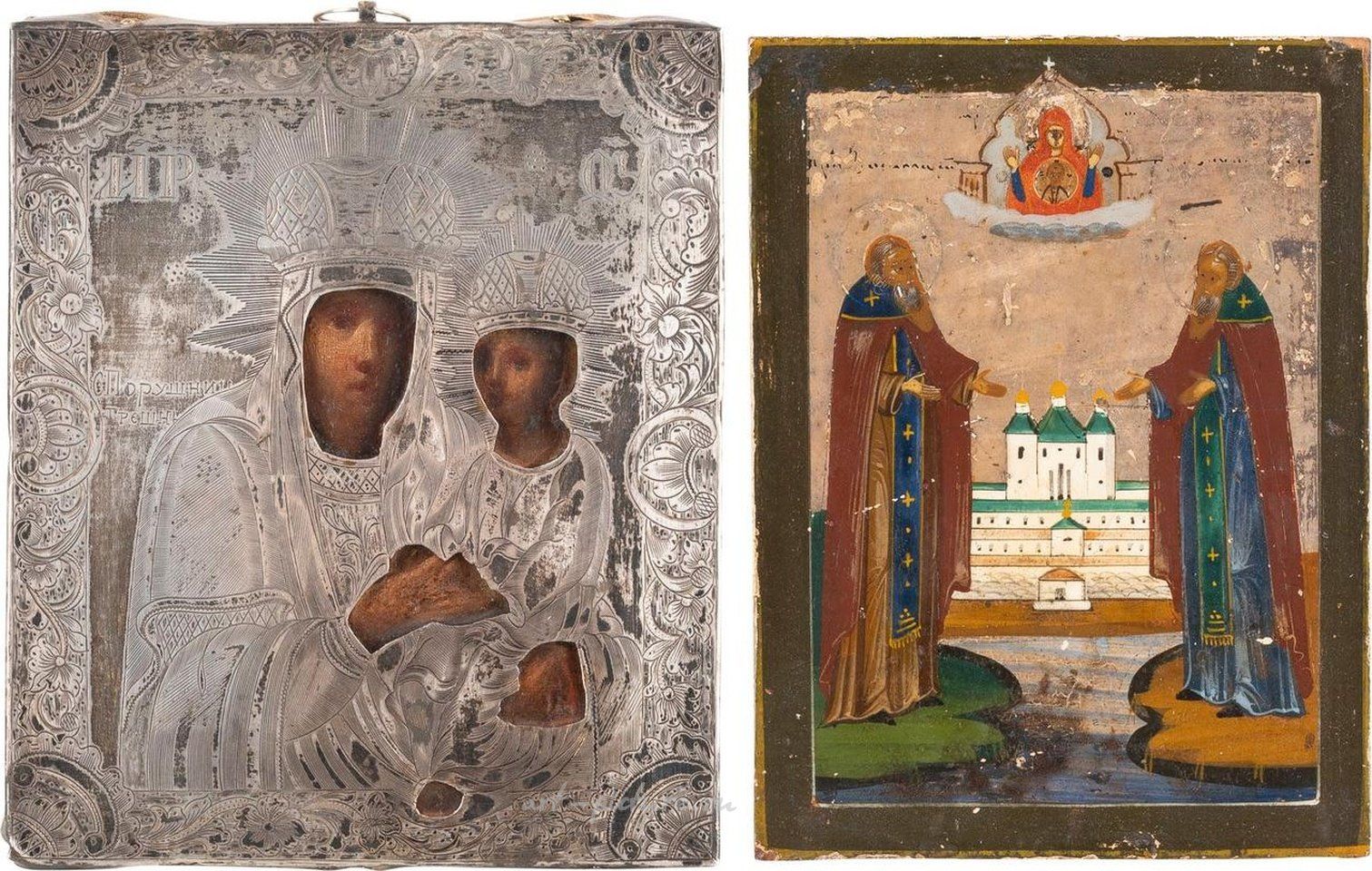 Русское серебро , Два маленьких иконы, изображающие Матерь Божию "Заступницу грешников"