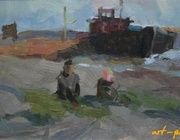 На реке. Картон, масло. 14 х 27 см