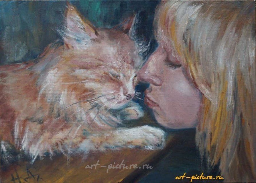 Родство душ (девушка с котом) масло, холст
