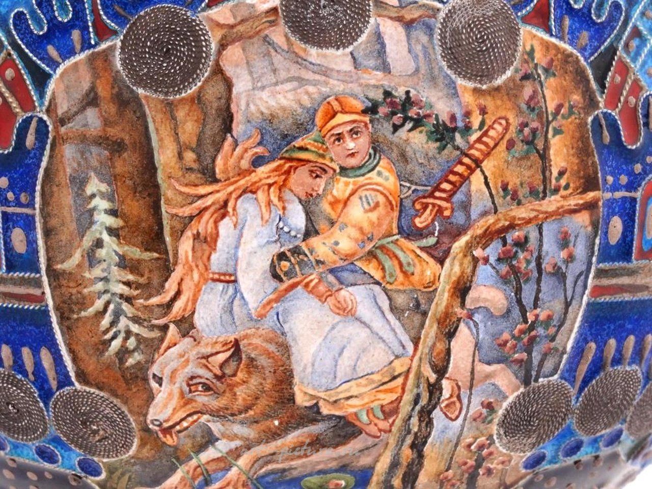 Русское серебро , Русская серебряная ковш с эмалью по клеточкам 84 пробы