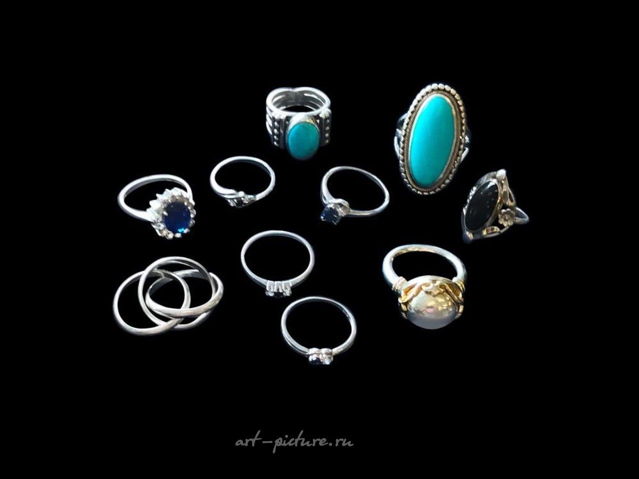 Russian silver , 10 Various Silver Rings. Includes two sapphire and cubic zirconia...