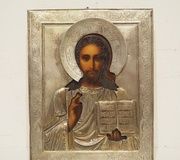Русская икона XIX века, роспись на дереве с серебром...