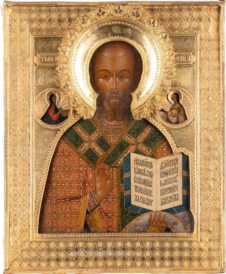 Русское серебро , ОЧЕНЬ БОЛЬШАЯ И КРАСИВАЯ ИКОНА, ИЗОБРАЖАЮЩАЯ СВЯТОГО НИКОЛАЯ МЫРЛИКИЙСКОГО С СЕРЕБРЯНО-ЗОЛОТЫМ РИЗОМ