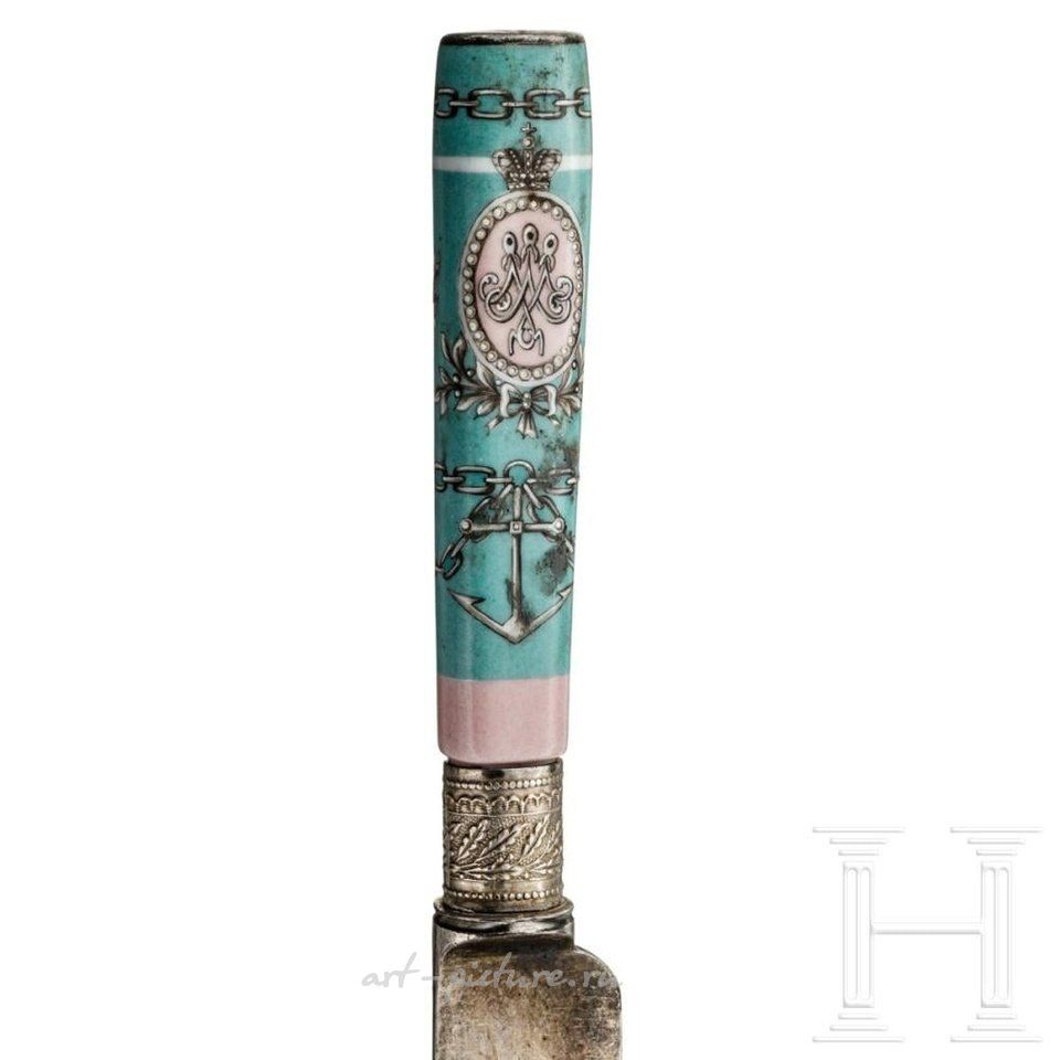 Russian silver , Three knives with porcelain handles from the service of the ...