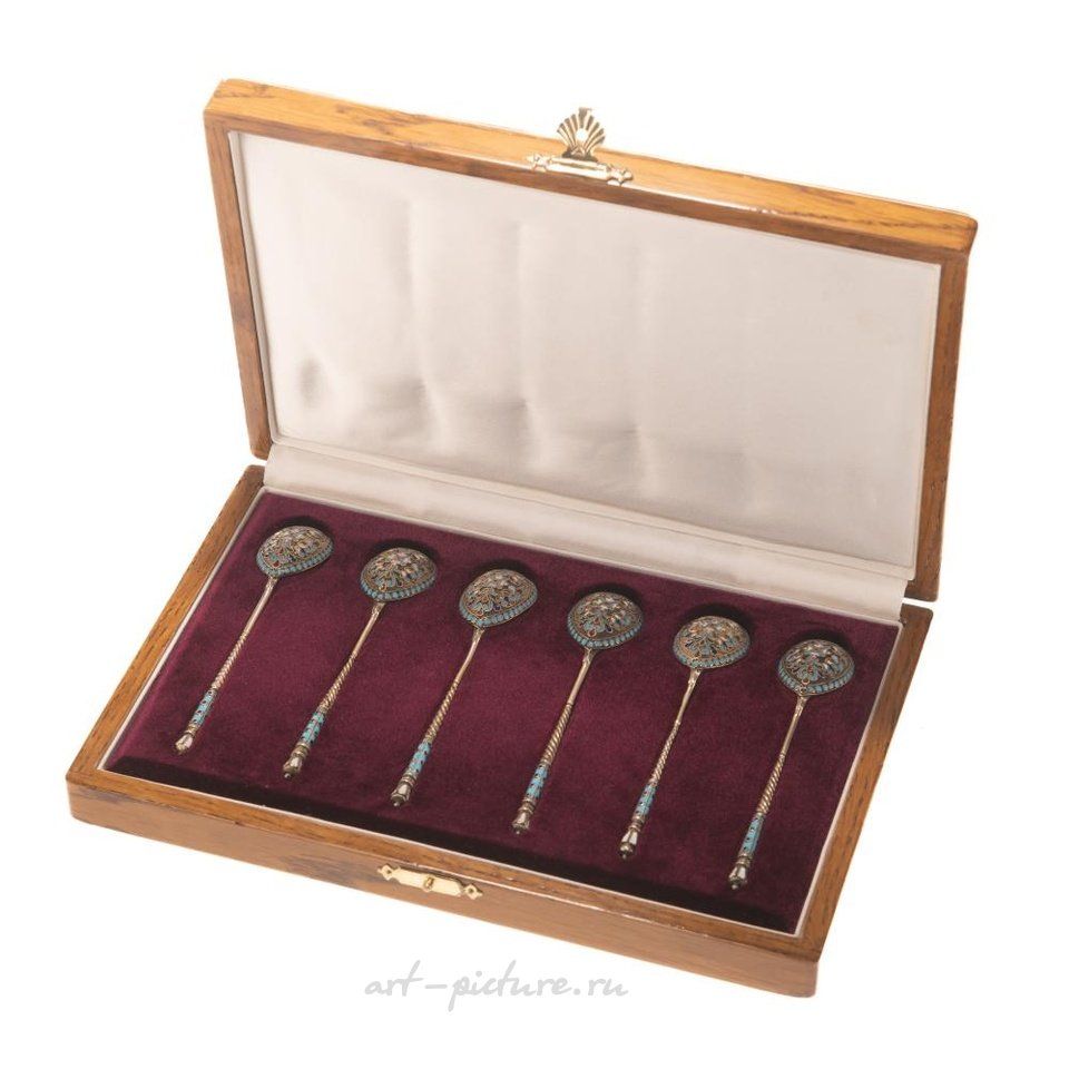 Russian silver , A SET OF SIX RUSSIAN SILVER-GILT ENAMEL SPOONS