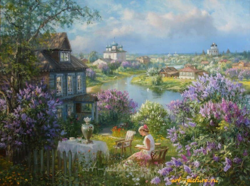 Домик в сиренях. масло, холст