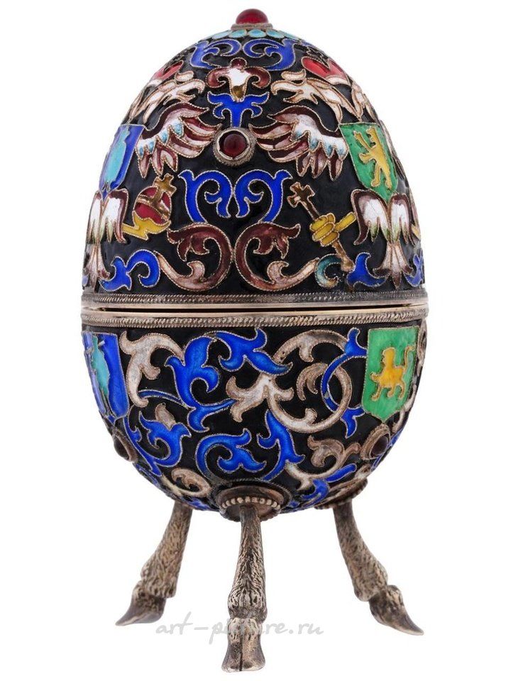 Русское серебро , Русская серебряная яйцевидная шкатулка с эмалью в технике клоизонне