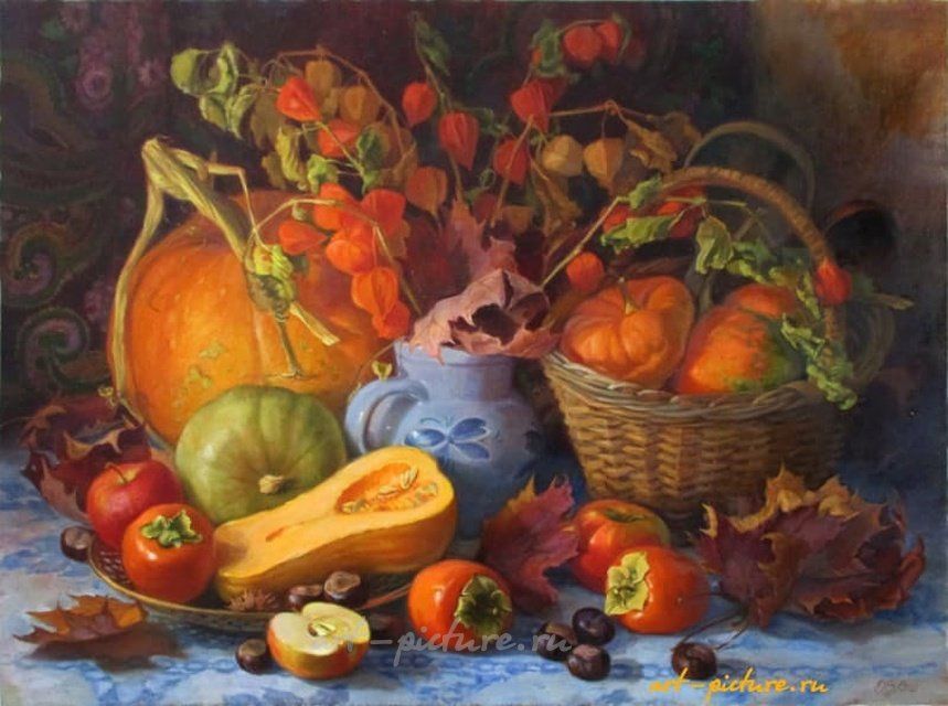 Тыквы, хурма и сухие листья масло, холст