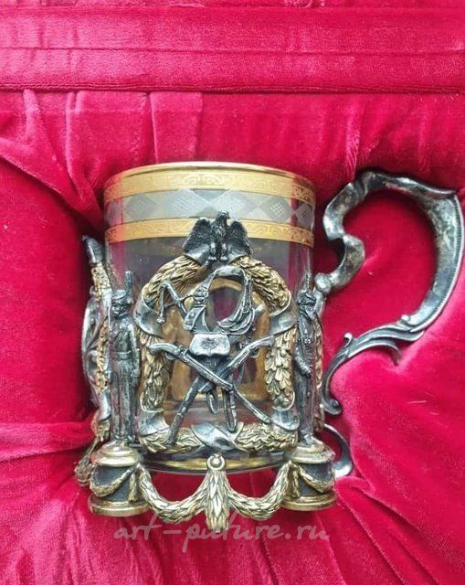 Серебряный подстаканник, золочение, ложка, военная тематика