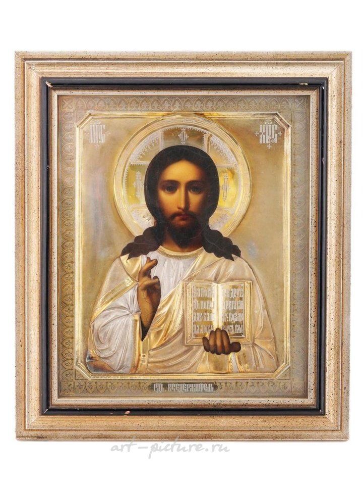 Русское серебро , Антикварная русская православная икона Иисуса в серебряном окладе