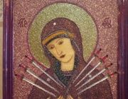 Икона Божией Матери "Умягчение злых сердец" Авторская техника,проволочный коллаж,проволока,лак,стразы,акрил.краски,бисер,выполненно на фанере, 