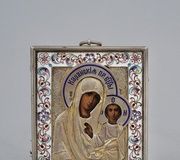 Русская православная икона из серебра с позолотой и шамплеве эмалью, 19...