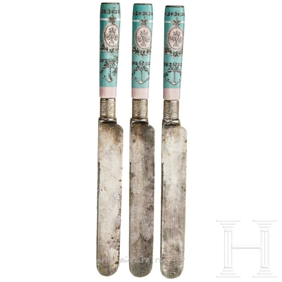 Russian silver , Three knives with porcelain handles from the service of the ...