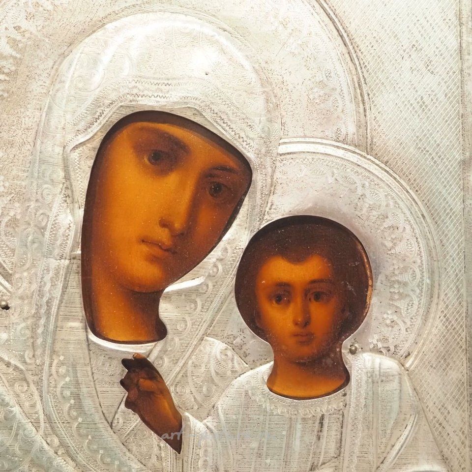 Russian silver , 19th century Russian icon, painted wood with silver...