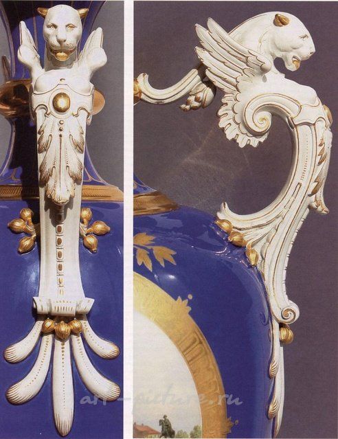 Ваза-амфора на октагональном цоколе с ручками из бисквита. KPM Берлин. 1875 г.