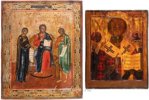 Русское серебро, ДВЕ ИКОНЫ: СВЯТОЙ НИКОЛАЙ МИРЛИКИЙСКИЙ И ДЕЕСИС Россия, 18-19 век.
